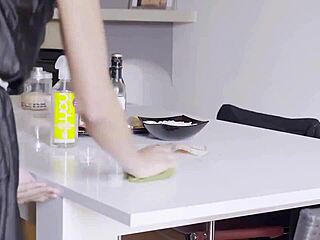 Hey, this thieving maid is masturbating on camera with her small tits out! 😏