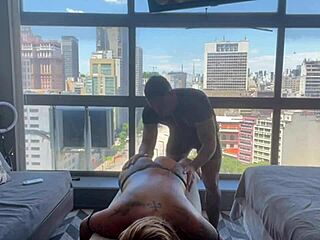 relaxing and cumming on the tantric masseur's cock with long hair and natural tits