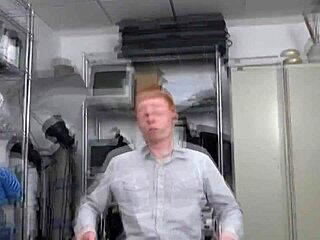 Gay redhead at the office takes the director's big black cock for some cash