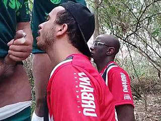 hot gay sex scene with hung black amateurs banging hard in the wild woods