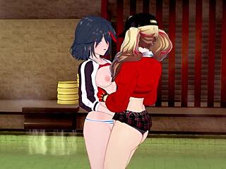 Ann Takamaki and Ryuko Matoi in lesbian 3d hentai with pussy fingering and moaning