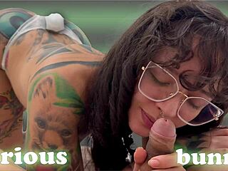 Curious bunny sniffs my asshole and cock