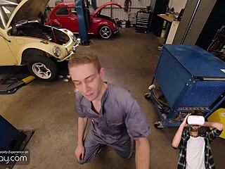 Gay twink mechanic gives blowjob and anal fuck before boss cums
