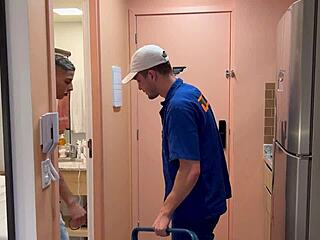 Brazilian gay technician with monster cock gives blowjob and masturbates.