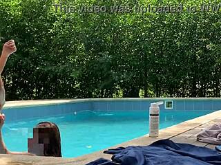 Natasha and Megan Tan Naked by Pool with Lucky Guy