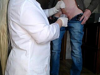 kneeling milf nurse performs cum analysis