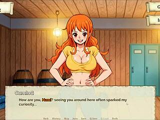 Whoa, Nami strips for gold in Lusty Buccaneers hentai game ep 2!
