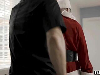 Santa sneaks a quick session with petite teen beauty at boss's home.