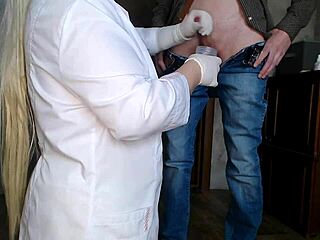 kneeling milf nurse performs cum analysis