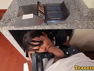 Transsexual Frenchmaid Sucks and Fucks in Kitchen. Latina Tgirl Bends Over for Anal and Blowjob with Big Tits.