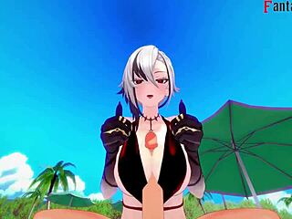 arlecchino fucking hard in bikini on the beach genshin impact fantasy