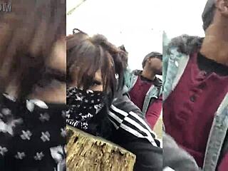 Why is this emo slut getting banged on a tree stump outdoors?