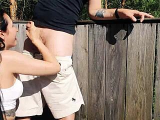 BTS risky outdoor facefuck with cum in throat at hunting tower