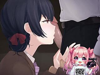 anime babe kneels to worship cock and swallow every drop.