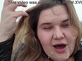 Huge Facial on Cute BBW Blonde with Big Breasts During Bad Weather