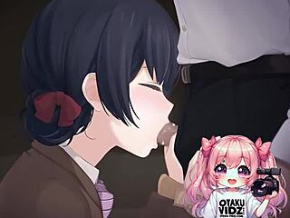 anime babe kneels to worship cock and swallow every drop.