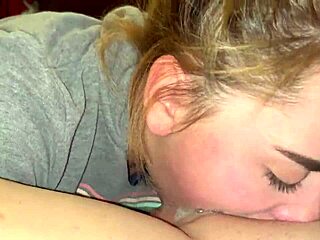 blonde babe gagging on sloppy deepthroat, licking balls till cum spills in mouth