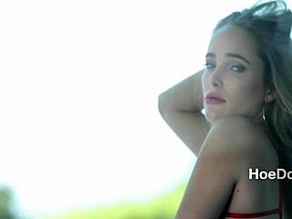 Big butt blonde takes rough anal pounding in red lingerie. Her ass dominates the scene.