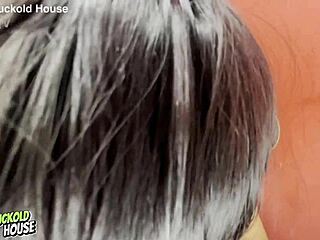 Hot bride explores shaved pussy before gloryhole encounter with tattooed stranger