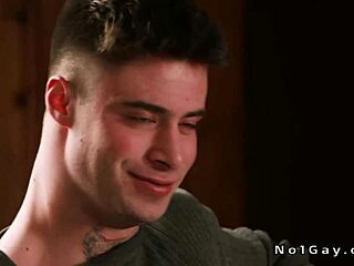 Hot gay hunk Enzo Muller gets sucked and handjobbed before anal fucking by host Bruce Huxley in dining room with monster cock