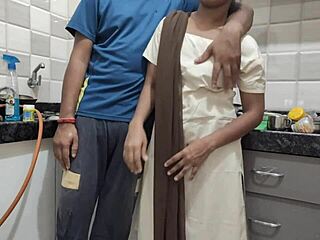 Desi girl, back from college, gets drilled by stepbrother in kitchen, Hindi audio