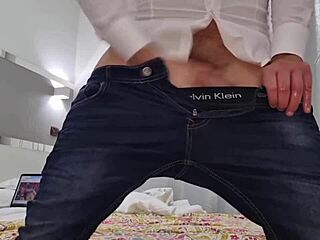 horny italian stud shows off huge cock in jeans, jerking with loud moans. his hot cumshot and bare ass steal the close-up spotlight.