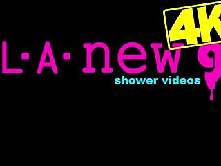 bronze-skin model freshened up with a steamy shower before the shoot