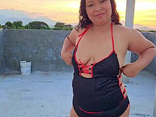 submissive milf dominated on rooftop with facial fun