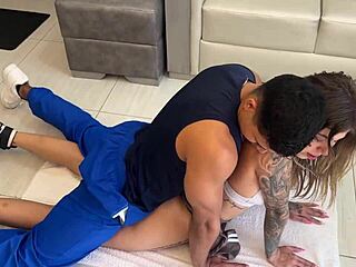 Muscular Gym Trainer Guides Petite Colombiana in Steamy Classroom Session