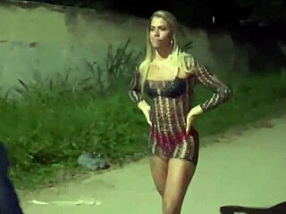 The exhibitionist wife drove the old couple wild on the street with her huge brunette body, making a cyclist touch her and cum on her ass twice