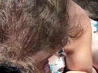 Chubby BBW gives a sloppy blowjob in public outdoor voyeur scene