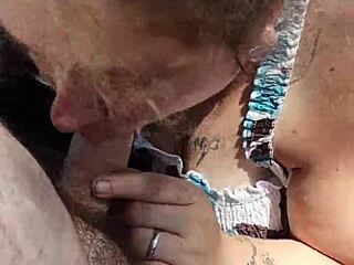 Chubby BBW gives a sloppy blowjob in public outdoor voyeur scene