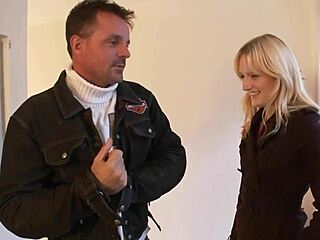 Enchanting blonde deepthroats and fingers pussy before cumshot on tits in outdoor stairwell