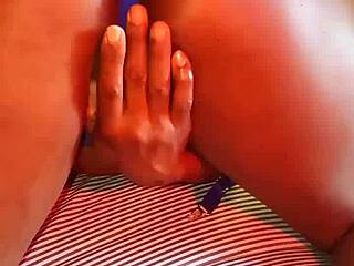 Slipping into blue lingerie, I head to bed for a little self-touch.