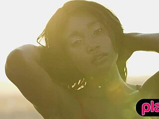 Petite Ebony Milf Strips by Pool Showing Juicy Tits