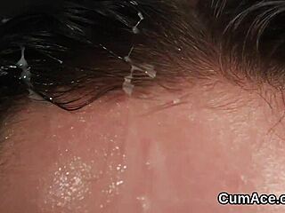 Frisky sex kitten receives facial cumshot, swallowing everything.