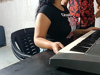 naughty brunette student punished by keyboard teacher in classroom