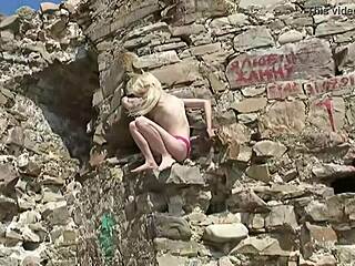 coed ana fey, umm, rubs pussy over panties outside, anyone could see!