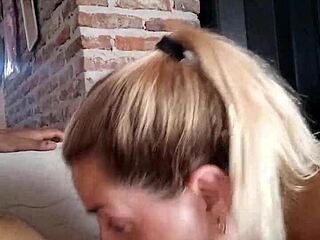 Blonde latina slut deepthroating her friend's big cock