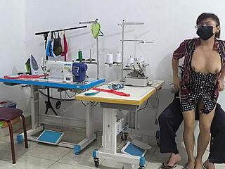 Can you handle this intense seduction with a Latina in the sewing workshop?