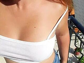 Stepmom teases in public with hairy pussy before hot blowjob.