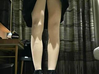 tranny femboy jerks off in black dress with huge cumshot