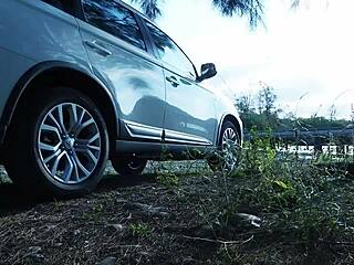 Urgent roadside pee stop turns into outdoor cock sucking by asian tina in jeans