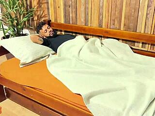 hey, naughty latina girl wakes her cuckold boyfriend for a hot threesome with his friend in close-up