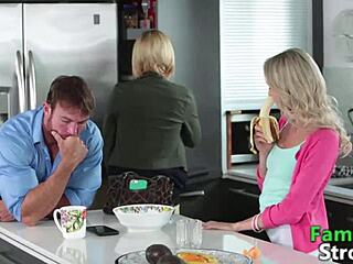 silently sucking step daddy's cock in a group fucking session with blonde american milf