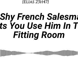 Shy French salesman pulled into fitting room for oral and riding