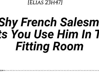 Shy French salesman pulled into fitting room for oral and riding