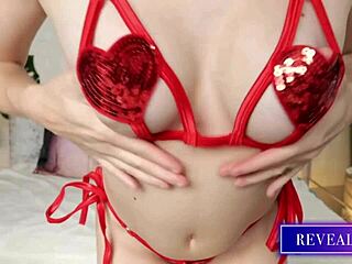 Busty milf in red lingerie using vibrator and dildo for cum show 😍