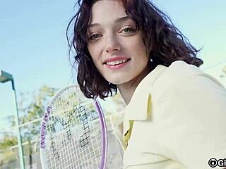 tennis babe rides big cock during lessons break.