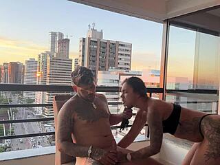 Amazing Fuck At Sunset! Plump Bodybuilder Rides Muscular Black Guy In Cowgirl!